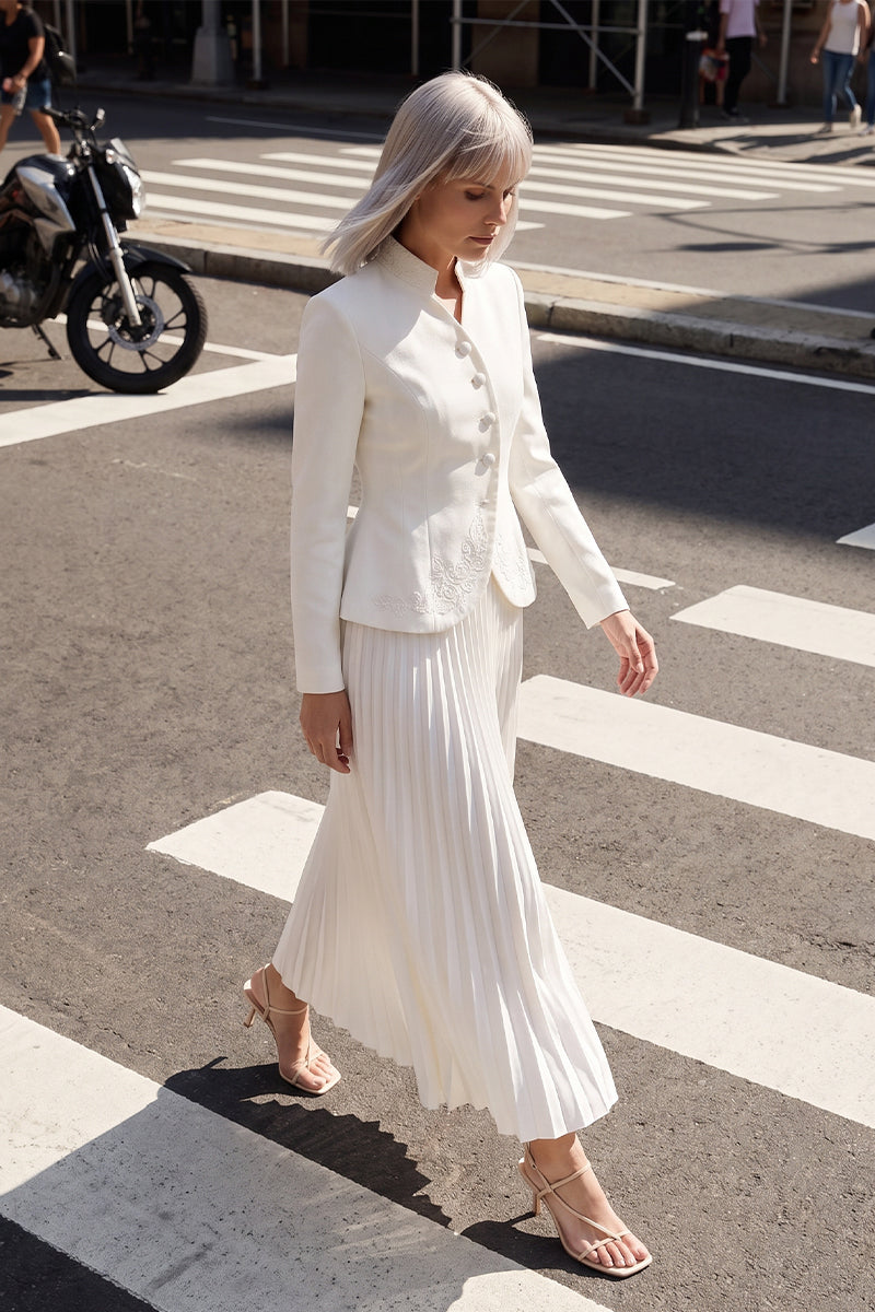 Mock Neck Embroidered Pleated Tailored Skirt Sets