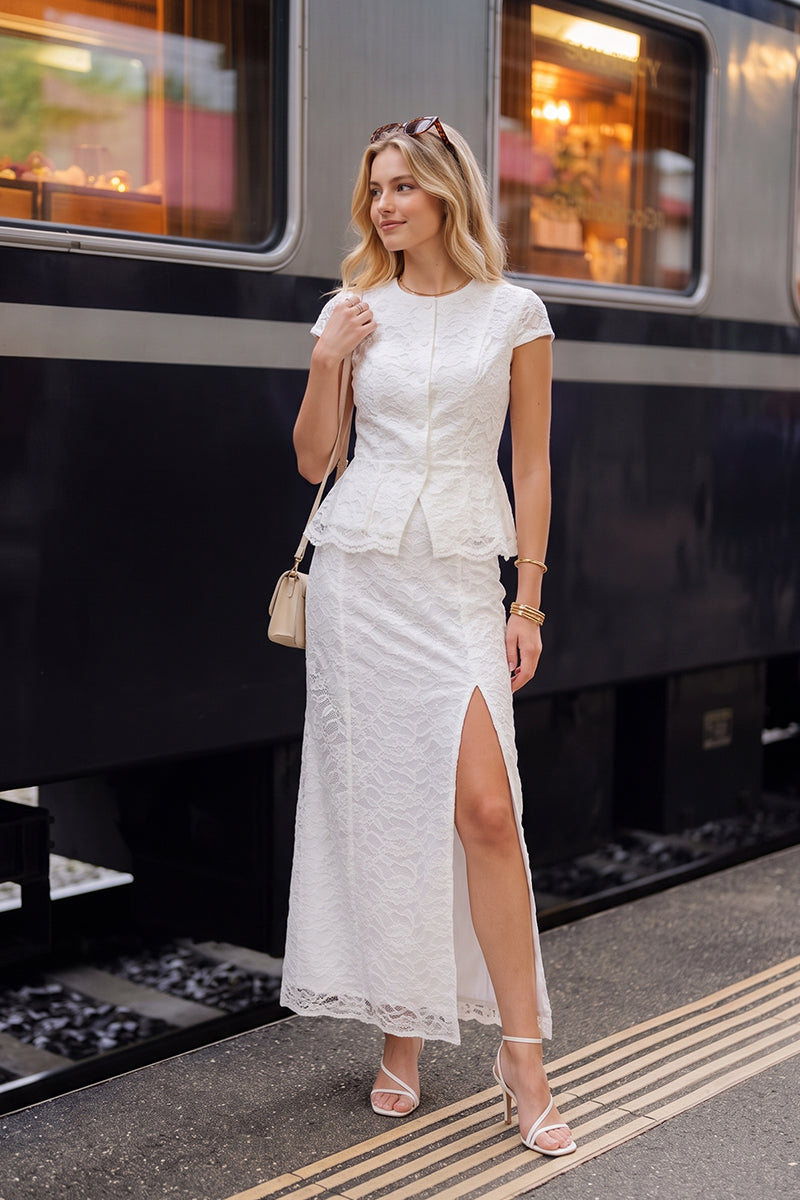 Round Neck Lace Peplum Slit Skirt Tailored Sets