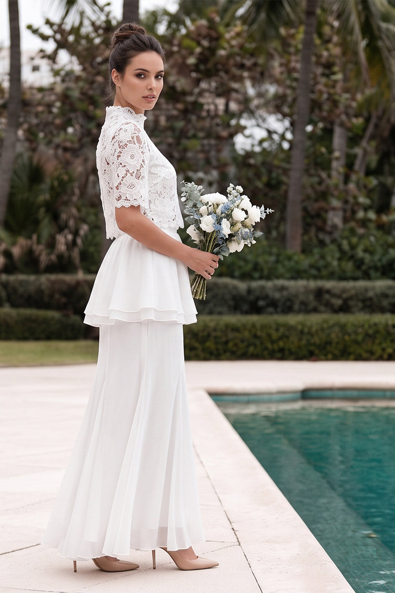 Mock Neck Lace Peplum Tailored Maxi Skirt Sets