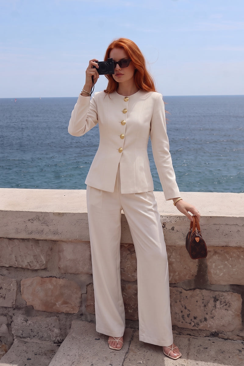 Gold Button Minimalist Round Neck Tailored Pants Sets