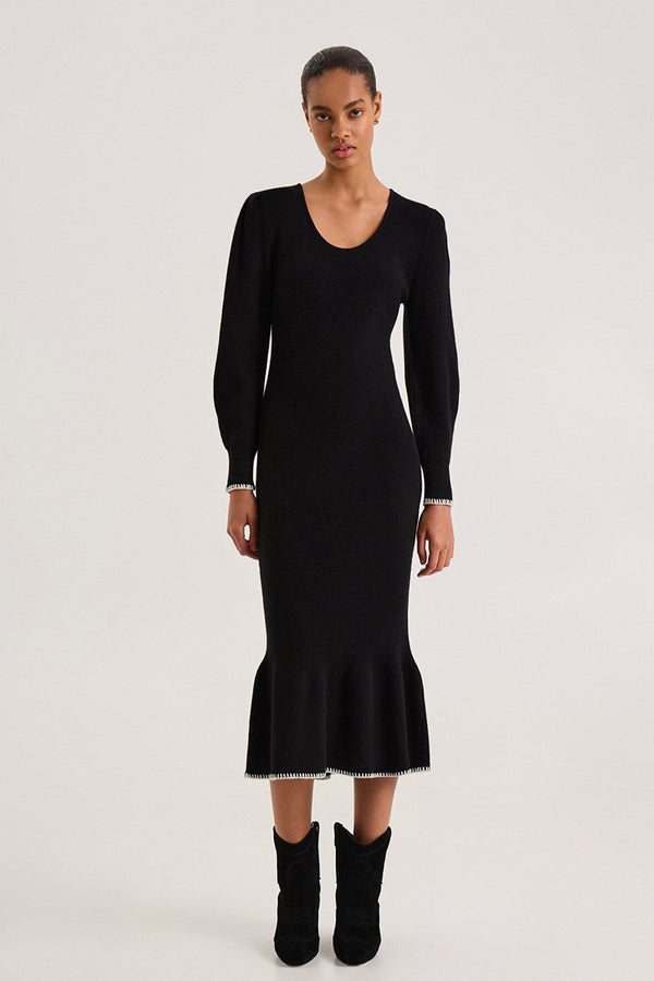 Round Neck Long Sleeve Ruffled Knit Midi Dress