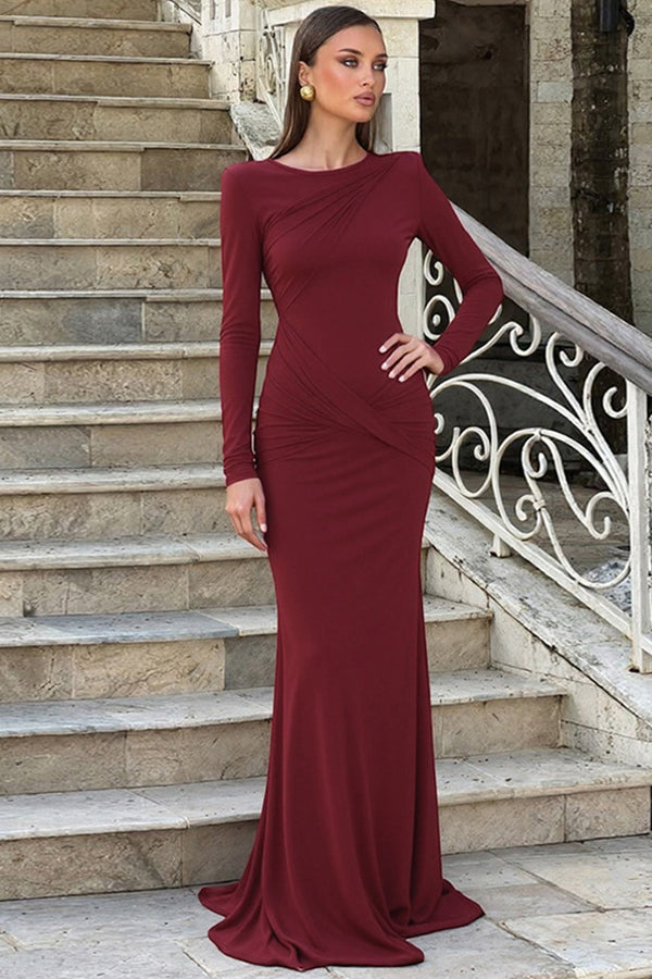 Round Neck Long Sleeve Ruched Bodycon Evening Gown