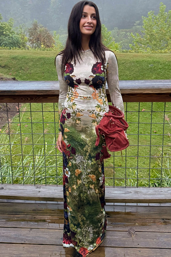 Forest Print Long Sleeve Bodycon Maxi Dress