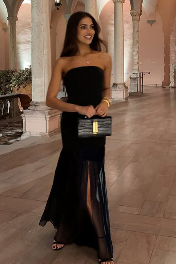 Solid Strapless Mesh Slit Maxi Dress