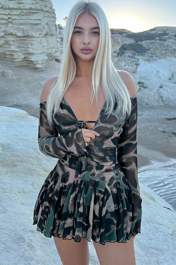 Printed Halter Long Sleeve Ruched Mini Dress