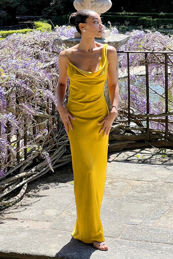 Cowl Neck Backless Satin Maxi Dress