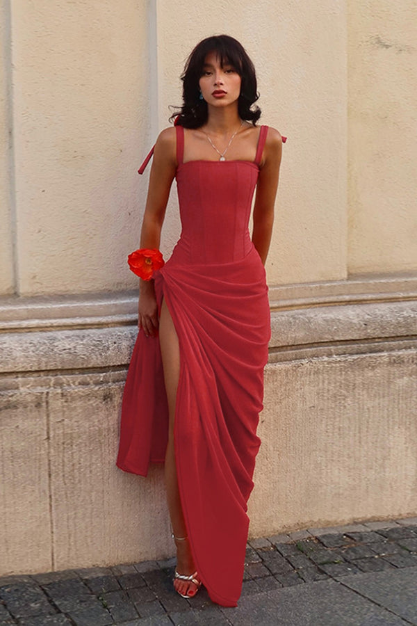 Tie Cami Pleated Bodycon Slit Maxi Dress