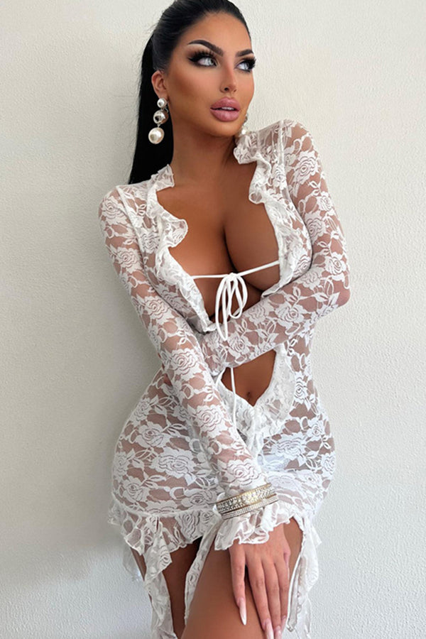 Lace Sheer Tie Front Ruffle Fringe Mini Dress