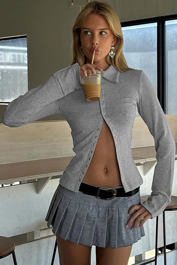 Lapel Knit Long Sleeve Button Top