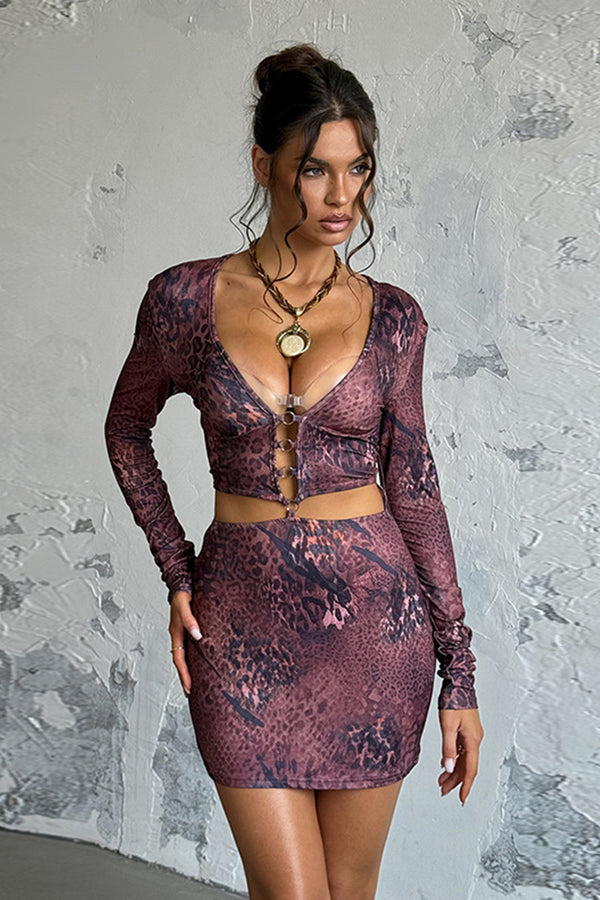 V Neck Print Ring Stitching Long Sleeve Dress