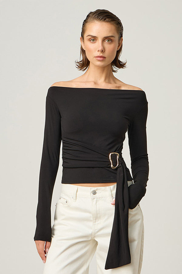 Off Shoulder Long Sleeved Metal Buckle Ribbon Top