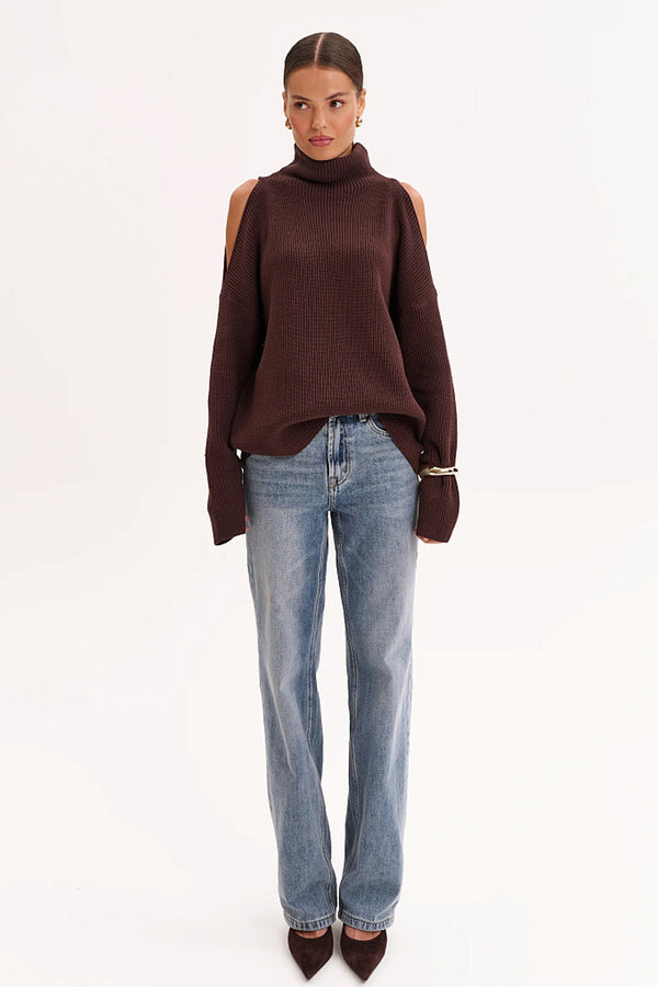 High Neck Off Shoulder Long Sleeve Knit Sweater