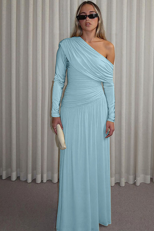 One Shoulder Long Sleeve Ruched Asymmetric Maxi Dress