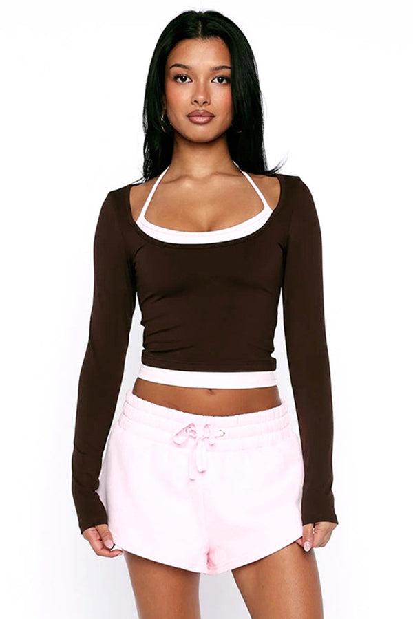 Halter Long Sleeve Double Layer Crop Top