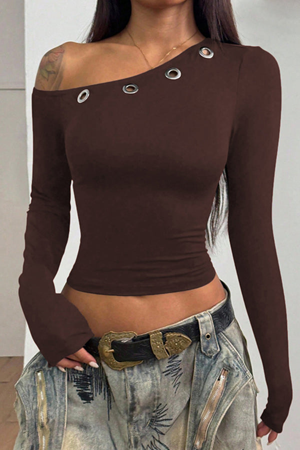 Metal Ring Patchwork Long Sleeve One Shoulder Top