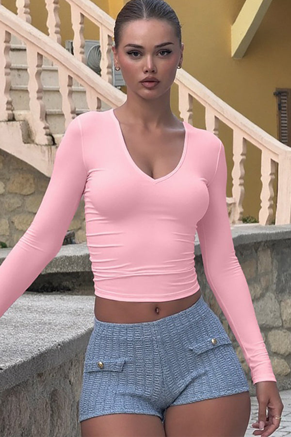 U Neck Solid Long Sleeve Crop Top