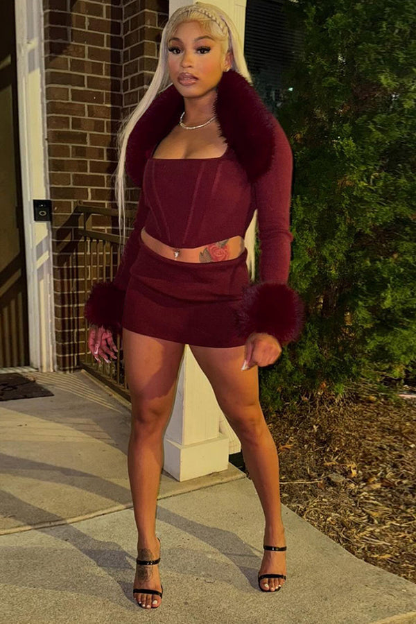 Faux Fur Long Sleeve Shrug Mini Skirt Set