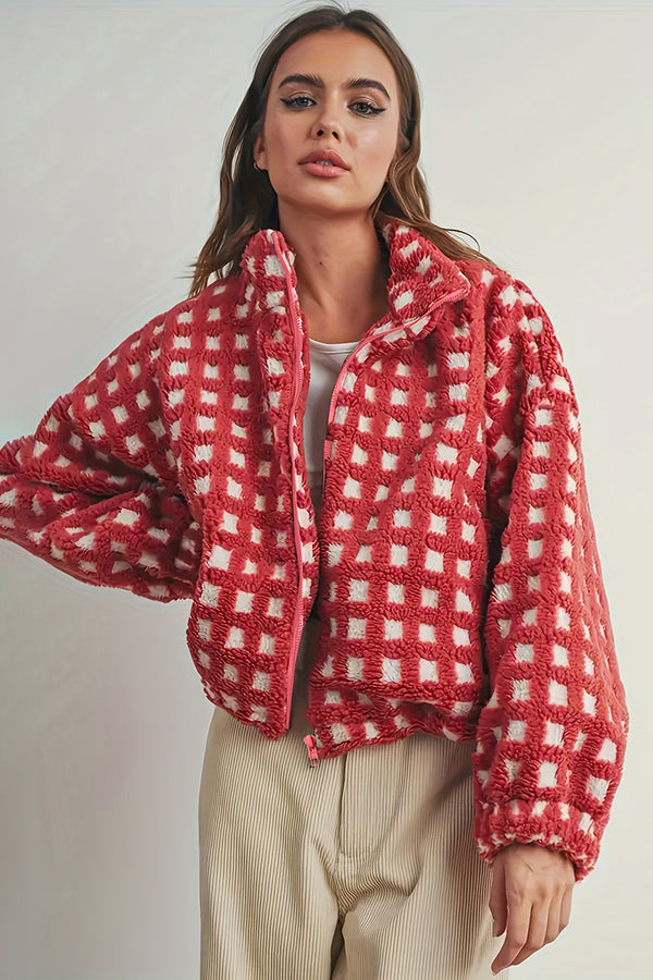 Checkered Zipper Furry Crop Jacket