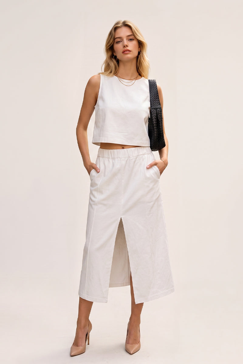 Round Neck Sleeveless Slit Hem Skirt Tailored Sets