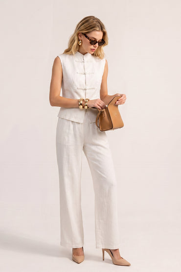 Mandarin Collar Knot Vest Wide Leg Pants Tailored Sets