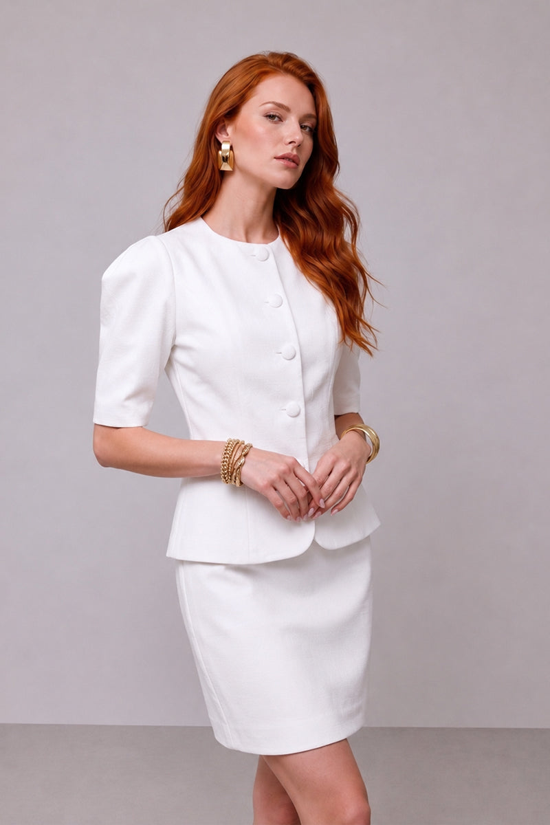 Short Sleeve Round Neck Button Tailored Skirt Sets
