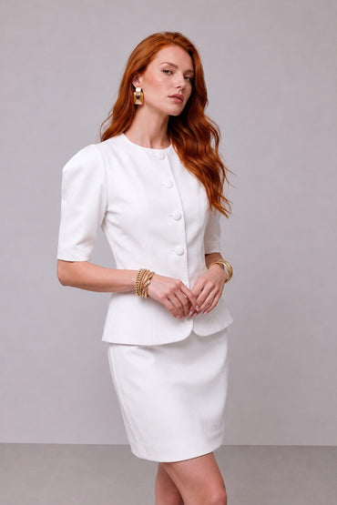 Short Sleeve Round Neck Button Tailored Skirt Sets