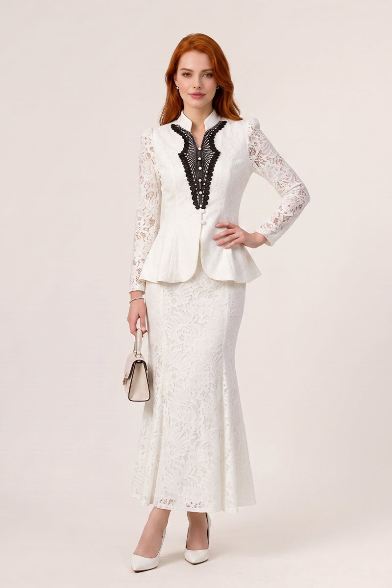 Lace Patchwork Peplum Mermaid Tailored Skirt Sets