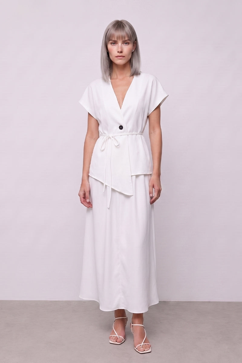 V Neck Tie Waist Tailored Skirt Sets
