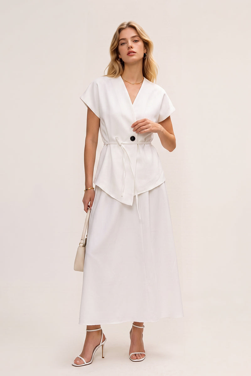 V Neck Tie Waist Tailored Skirt Sets