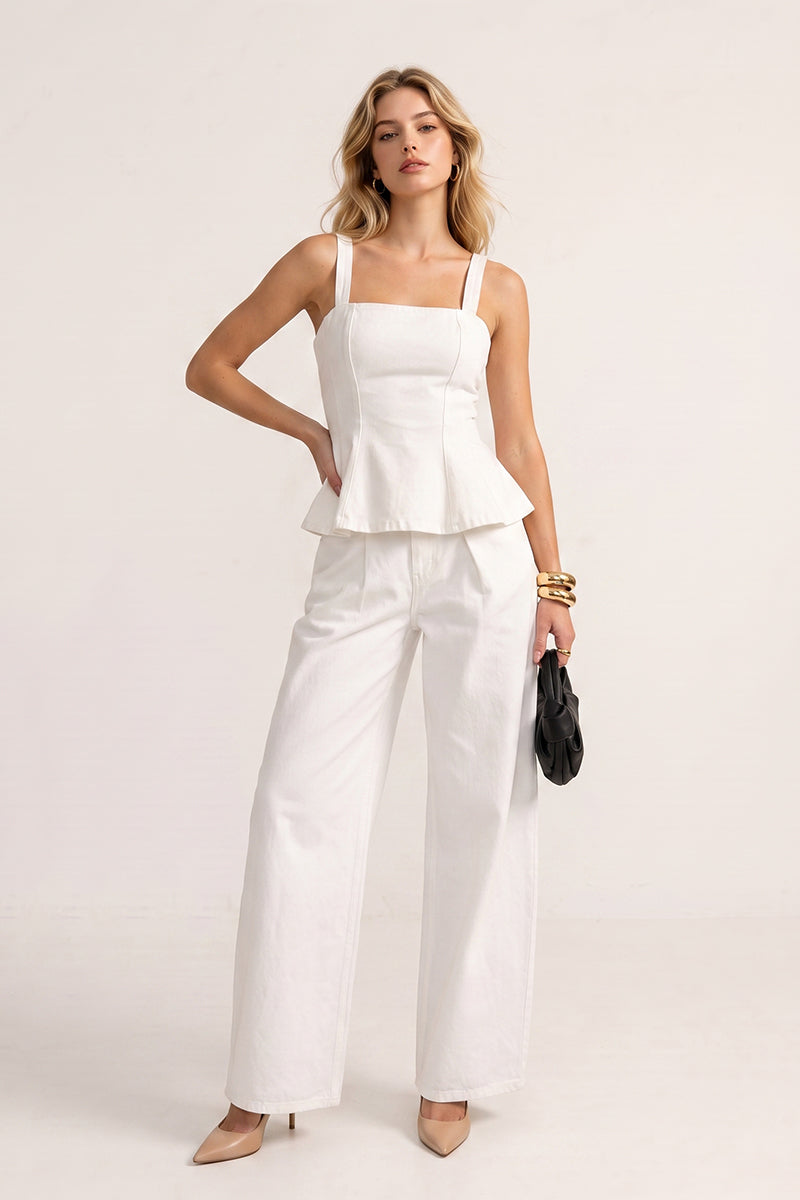 Square Neck Ruffle Vest Wide Leg Pants Tailored Sets