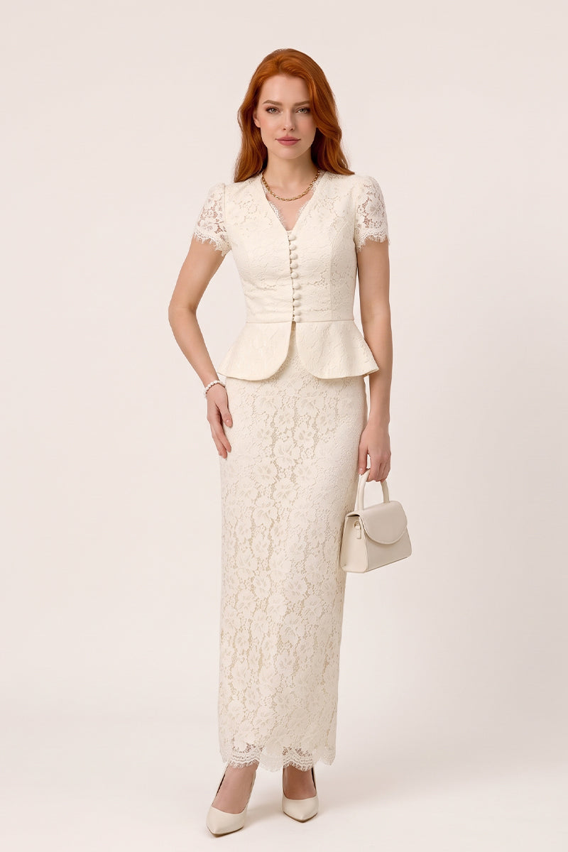 Lace Peplum Maxi Skirt Set Wedding Guest Lined