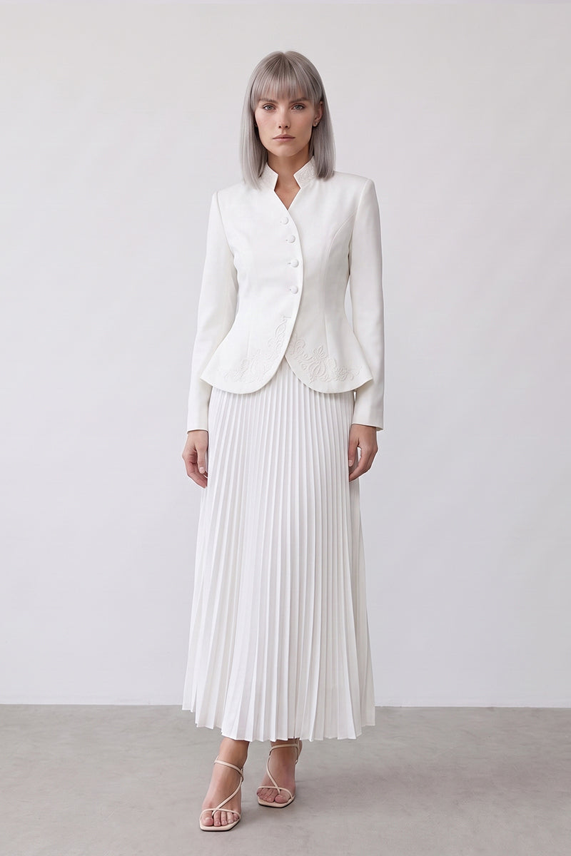 Mock Neck Embroidered Pleated Tailored Skirt Sets