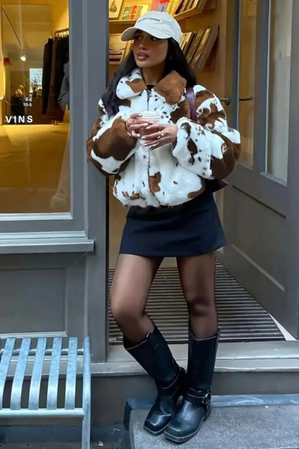 Cow Print Faux Fur Jacket