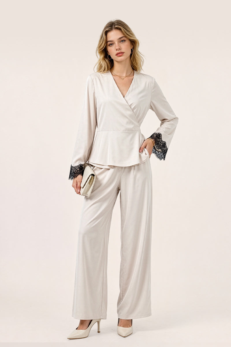 Lace Trim Satin Pant Set Dinner Elegant