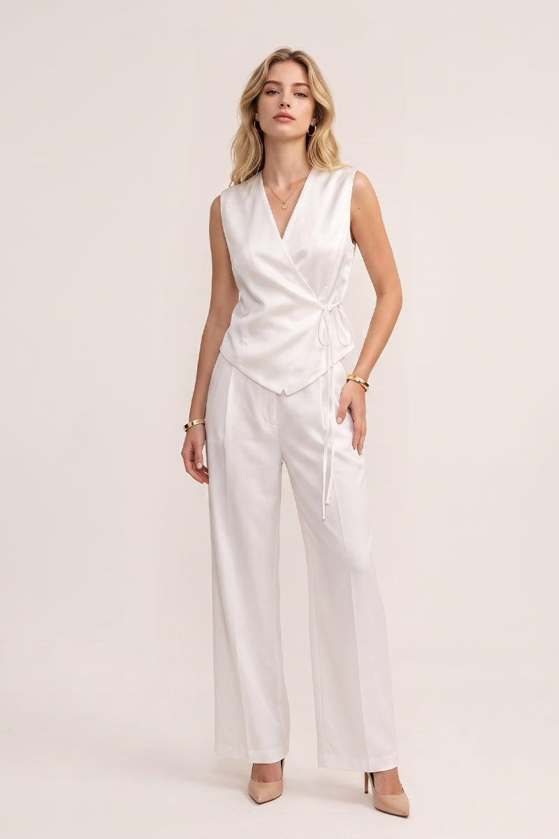 V Neck Wrap Tie Wide Leg Tailored Sets