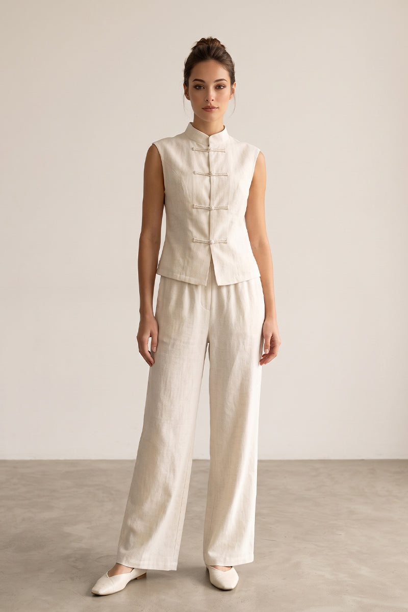 Mandarin Collar Knot Vest Wide Leg Pants Tailored Sets