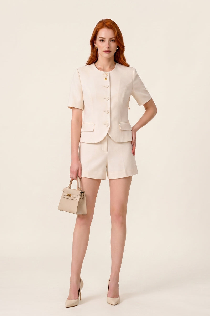 Round Neck Short Sleeve Button Tailored Shorts Sets
