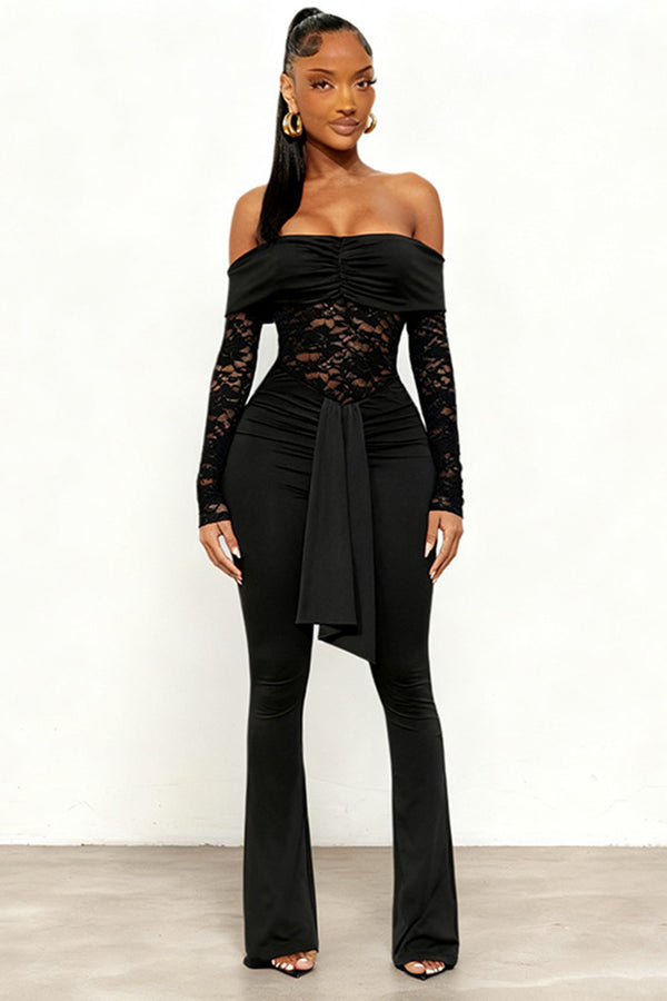 Lace Panel Ruched Off Shoulder Ribbons Jumpsuit