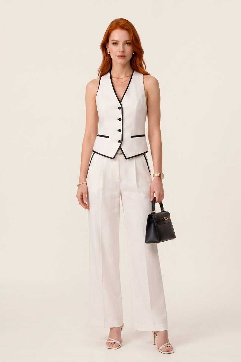 Contrast Trim Vest Wide Leg Tailored Pants Sets