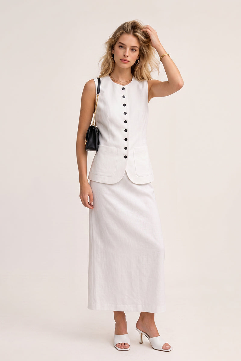 Round Neck Sleeveless Button Down Tailored Skirt Sets