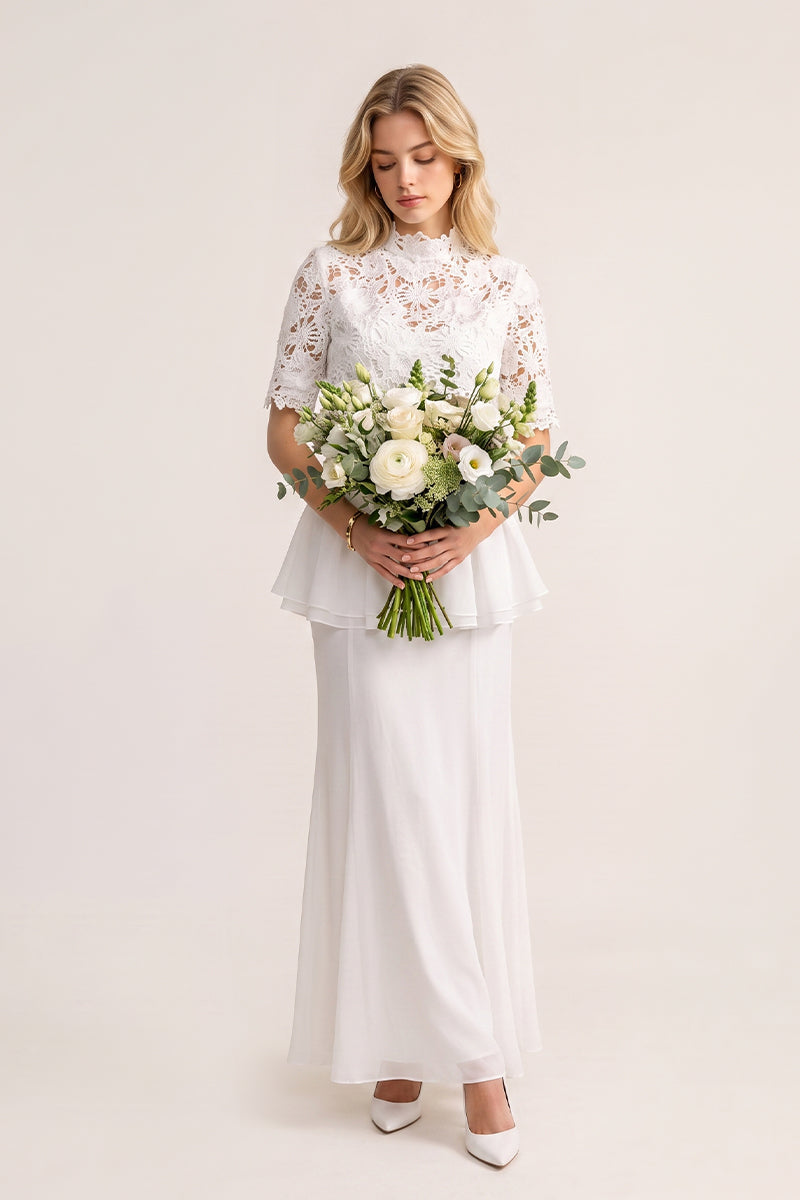 Mock Neck Lace Peplum Tailored Maxi Skirt Sets