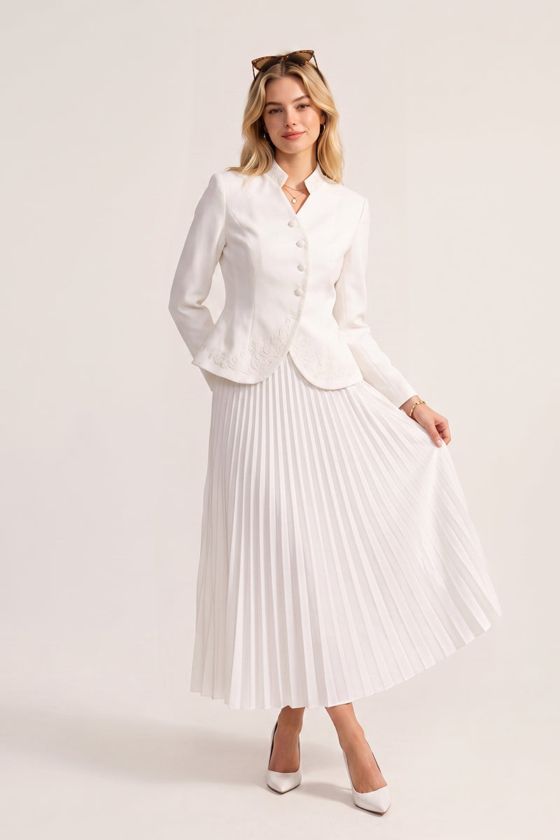 Mock Neck Embroidered Pleated Tailored Skirt Sets