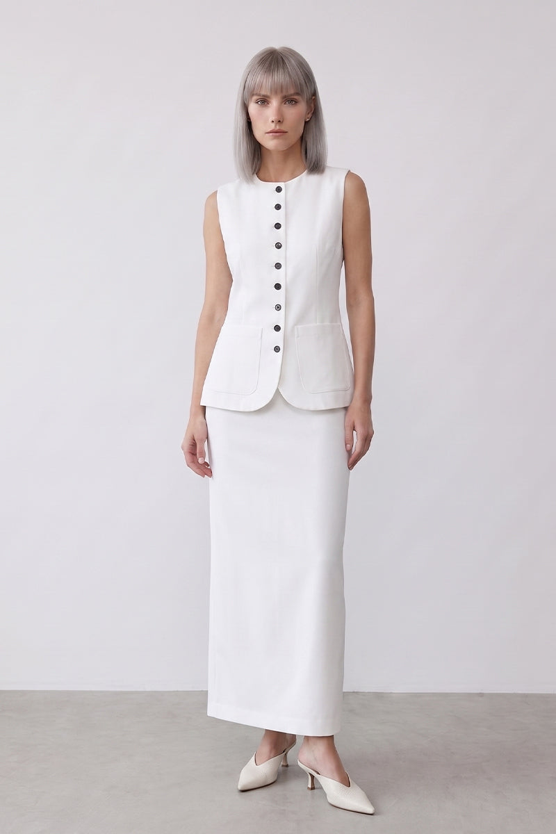 Round Neck Sleeveless Button Down Tailored Skirt Sets