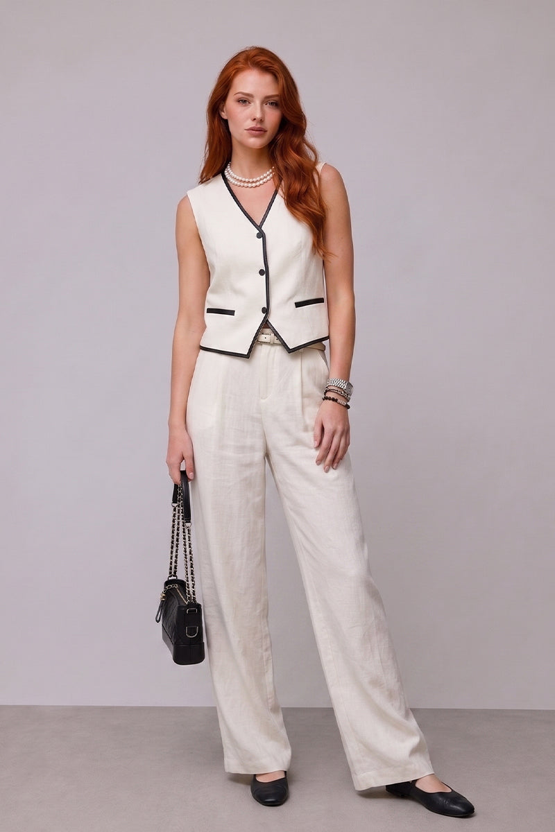 Contrast Trim Vest Wide Leg Tailored Pants Sets