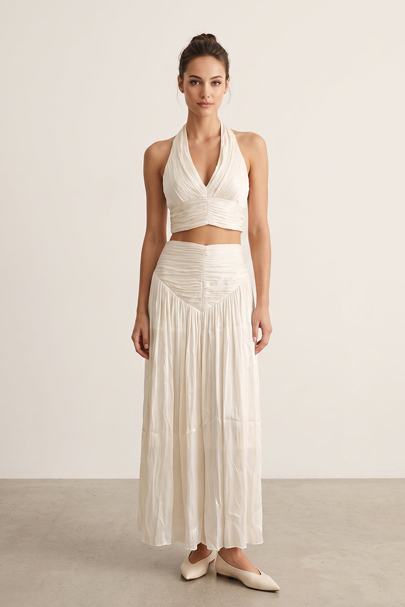 Halter Backless Zipper Pleated Tailored Maxi Skirt Sets