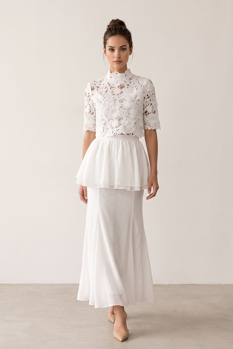 Mock Neck Lace Peplum Tailored Maxi Skirt Sets