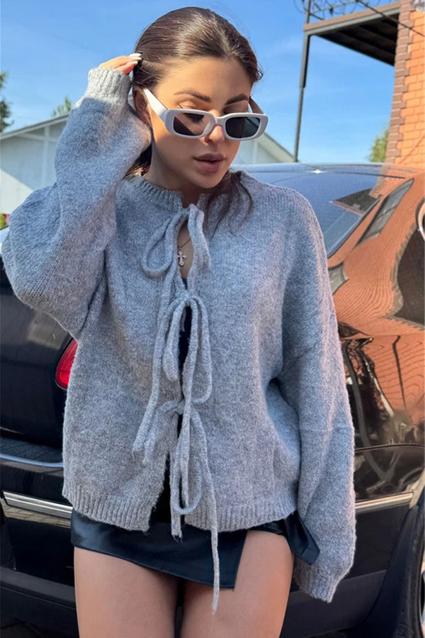 Round Neck Bow Tie Front Knit Cardigan