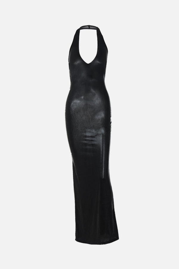 Black Backless V Neck Bodycon Maxi Dress