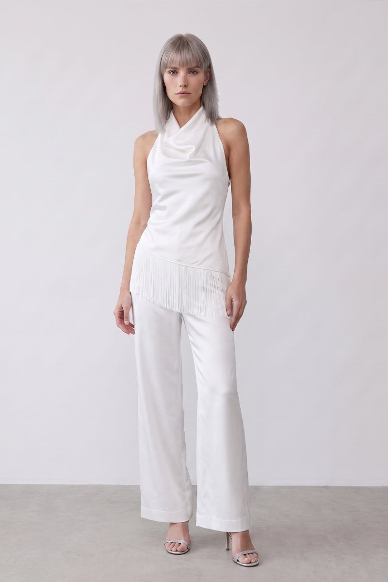 Cowl Neck Backless Fringe Hem Tailored Pants Sets