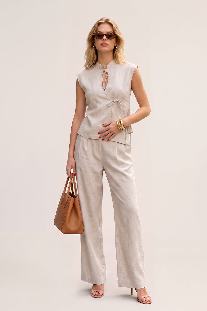 Mandarin Collar Tie Front Wide Leg Pants Tailored Sets